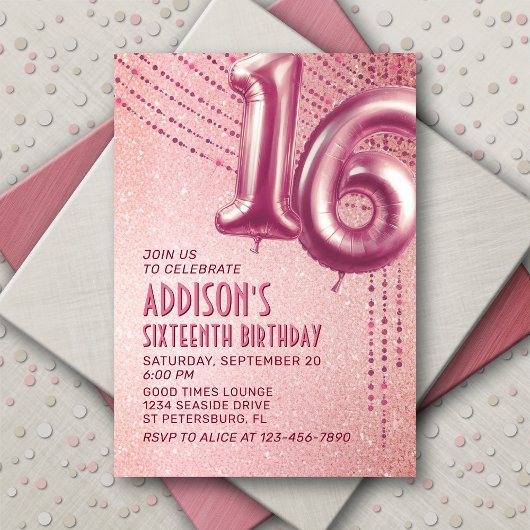 Invitation 16e anniversaire Ado fille Rose or