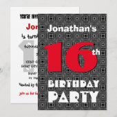 Invitation 16e anniversaire Ado moderne Black White Motif A01 (Devant / Derrière)