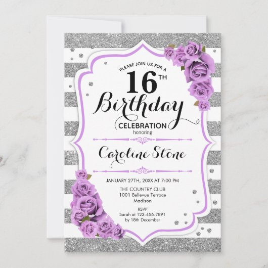 Invitation 16e anniversaire - Argent blanc rayures pourpre Ro (Devant)