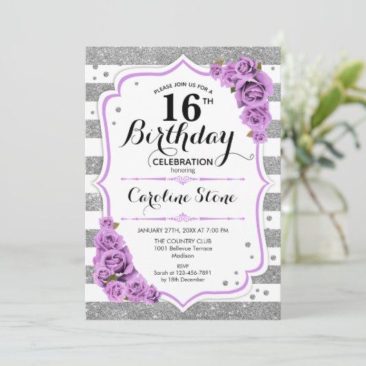Invitation 16e anniversaire - Argent blanc rayures pourpre Ro (Debout devant)