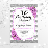 Invitation 16e anniversaire - Argent blanc rayures pourpre Ro