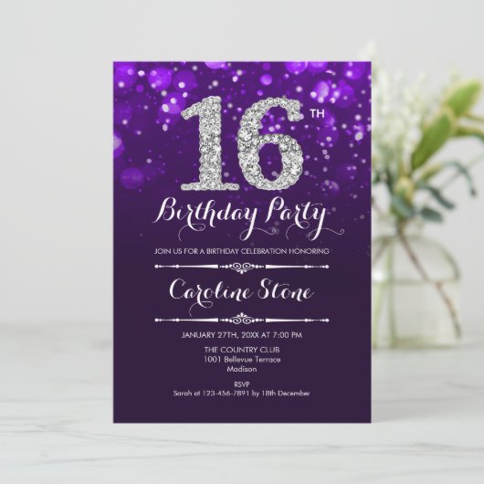 Invitation 16e anniversaire - Argent violet (Debout devant)