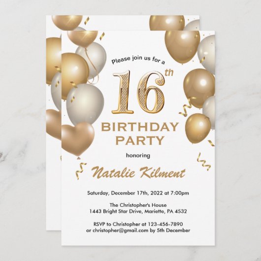 Invitation 16e anniversaire Ballons blancs et or (Devant / Derrière)