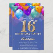 Invitation 16e anniversaire Ballons bleus et dorés (Devant / Derrière)