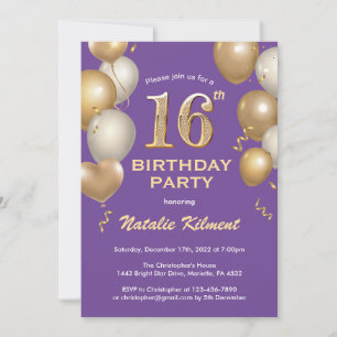 Invitation 16e anniversaire Ballons de Parties scintillant vi