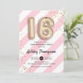 Invitation 16e anniversaire - Ballons d'or à rayures roses (Debout devant)