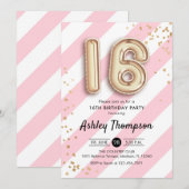 Invitation 16e anniversaire - Ballons d'or à rayures roses (Devant / Derrière)