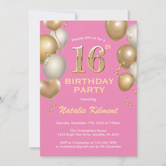 Invitation 16e anniversaire Ballons rose et or (Devant)