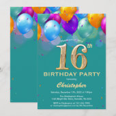 Invitation 16e anniversaire Ballons Turquoises et dorés (Devant / Derrière)