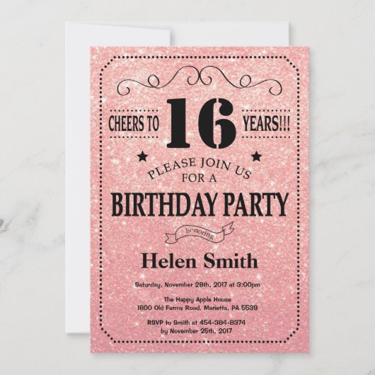 Invitation 16e anniversaire Black and Rose Rose Parties scint (Devant)