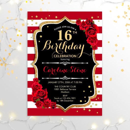 Invitation 16e anniversaire - Black Gold Red White Stripes Ro