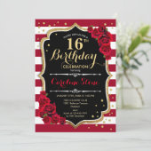 Invitation 16e anniversaire - Black Gold Red White Stripes Ro (Debout devant)