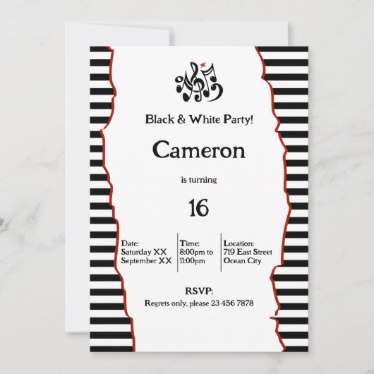 Invitation 16e anniversaire Black & White Party (Devant)