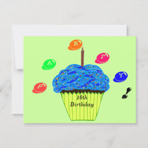 Invitation 16e anniversaire Blue Cupcake Bits de bonbons Invi