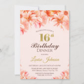 Invitation 16e anniversaire Blush Pink Gold Floral Diner Part (Devant)