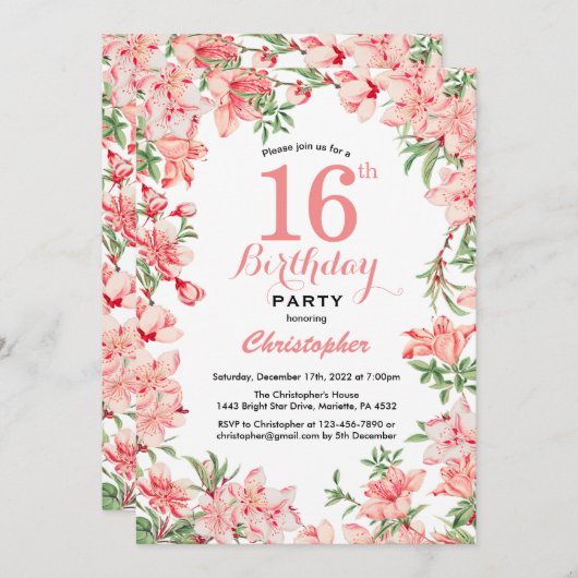 Invitation 16e anniversaire Boho rose fleurs botaniques flora (Devant / Derrière)