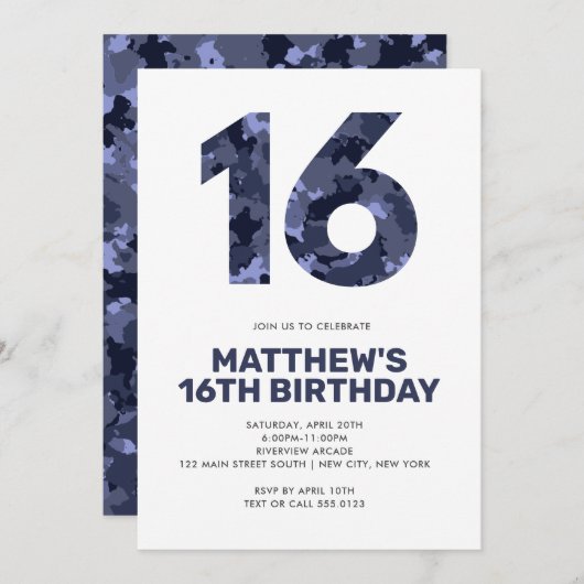 Invitation 16E Anniversaire, Camo Bleu Ado personnalisé (Devant / Derrière)