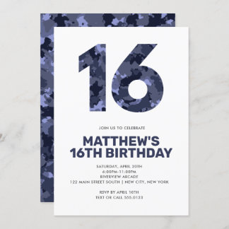 Invitation 16E Anniversaire, Camo Bleu Ado personnalisé