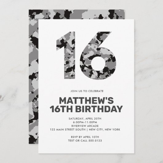 Invitation 16E Anniversaire, Camo gris Ado personnalisé (Devant / Derrière)