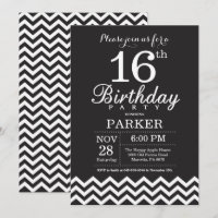 Invitation 16e anniversaire Chevron noir et blanc