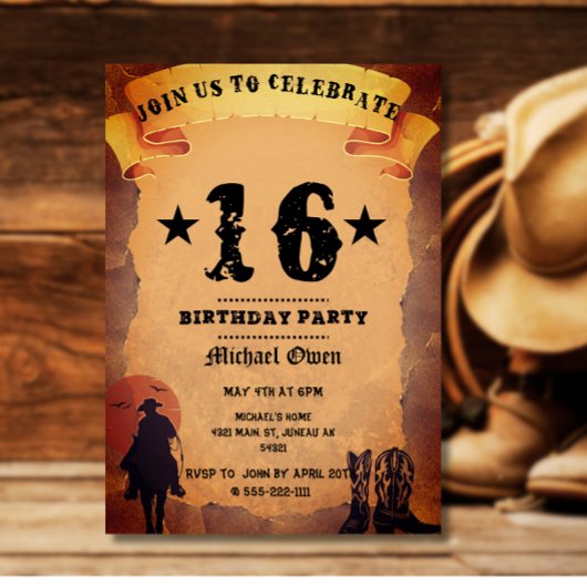 Invitation 16e anniversaire cowboy vieux papier cheval cheval