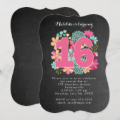 Invitation 16e anniversaire de la fête Tableau noir floral pe (Devant / Derrière)