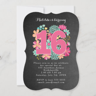 Invitation 16e anniversaire de la fête Tableau noir floral pe