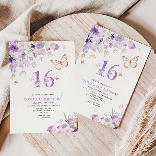Invitation 16e anniversaire de papillons Lilac violet Invitat