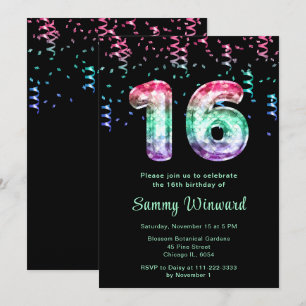 Invitation 16e anniversaire des ballons de sirène avec Confet