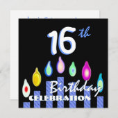 Invitation 16e anniversaire des bougies rayées bleues Recyclé (Devant / Derrière)