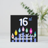Invitation 16e anniversaire des bougies rayées bleues Recyclé (Debout devant)