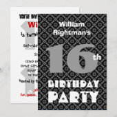 Invitation 16e anniversaire Diamants noirs Ados modernes W704 (Devant / Derrière)