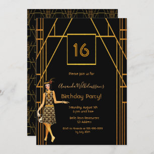 Invitation 16e anniversaire d'or noir style art déco des anné