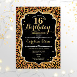 Invitation 16e anniversaire - Empreinte de léopard<br><div class="desc">Invitation du 16e anniversaire. Elégant design noir blanc avec parties scintillant en or. Caractéristiques du poster de animal de guépard léopard et police de script. Parfait pour une soirée d'anniversaire élégante. Peut être personnalisé dans n'importe quelle année! Message-moi si vous avez besoin d'une personnalisation plus poussée.</div>