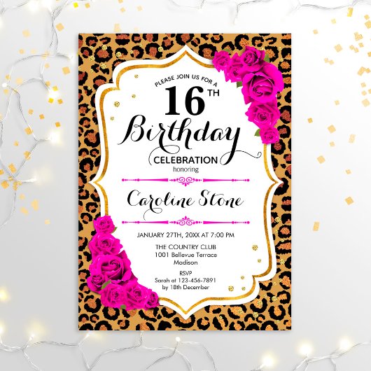 Invitation 16e anniversaire - Empreinte de léopard rose or