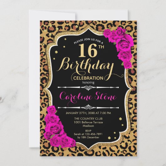 Invitation 16e anniversaire - Empreinte de léopard Roses rose (Devant)
