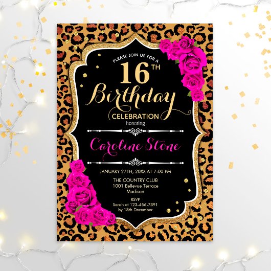 Invitation 16e anniversaire - Empreinte de léopard Roses rose