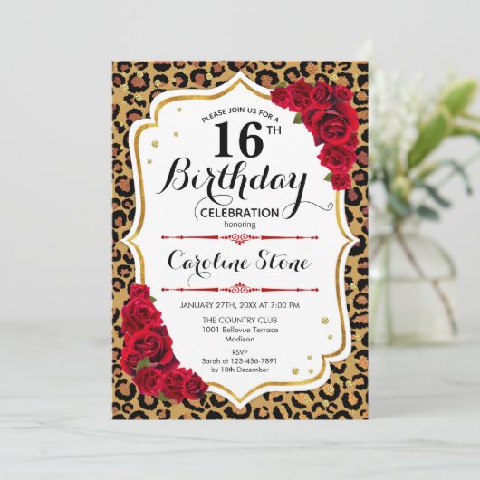 Invitation 16e anniversaire - Empreinte de léopard rouge or (Debout devant)