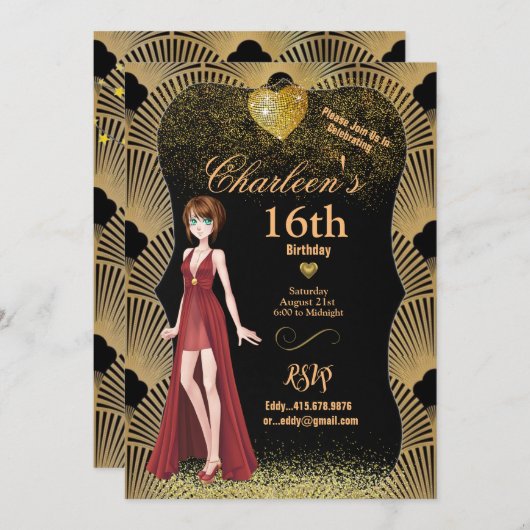 Invitation 16e anniversaire fête Art Déco Gatsby fille (Devant / Derrière)