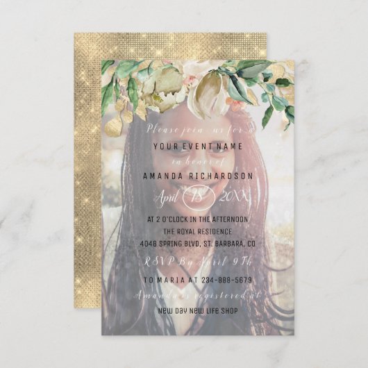Invitation 16e anniversaire fête Photo Fleurs Gold Graduate (Devant / Derrière)