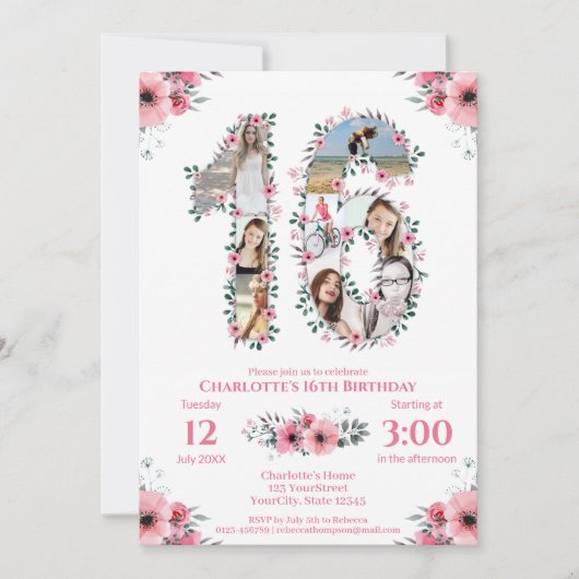 Invitation 16e anniversaire fille photo collage rose Fleur bl (Devant)