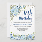 Invitation 16e anniversaire Floral Navy Blue Gold Confetti Gi (Devant)