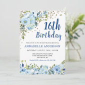 Invitation 16e anniversaire Floral Navy Blue Gold Confetti Gi (Debout devant)
