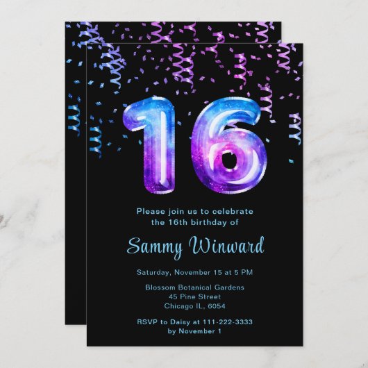Invitation 16e anniversaire Galaxy Balloons avec Confetti (Devant / Derrière)