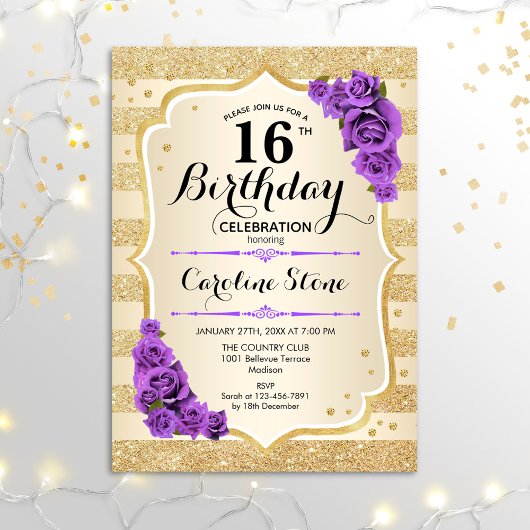Invitation 16e anniversaire - Gold Stripes Roses violets