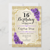 Invitation 16e anniversaire - Gold Stripes Roses violets (Devant)