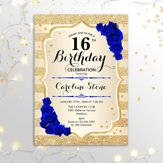 Invitation 16e anniversaire - Gold Stripes Roya; Roses bleus