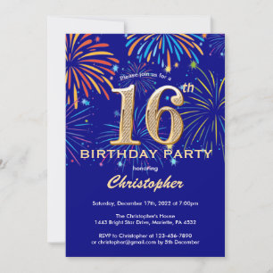 Invitation 16e anniversaire Marine Blue and Gold Rainbow Fire