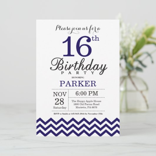Invitation 16e anniversaire Marine Blue Chevron (Debout devant)