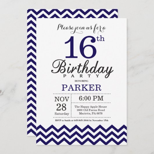 Invitation 16e anniversaire Marine Blue Chevron (Devant / Derrière)